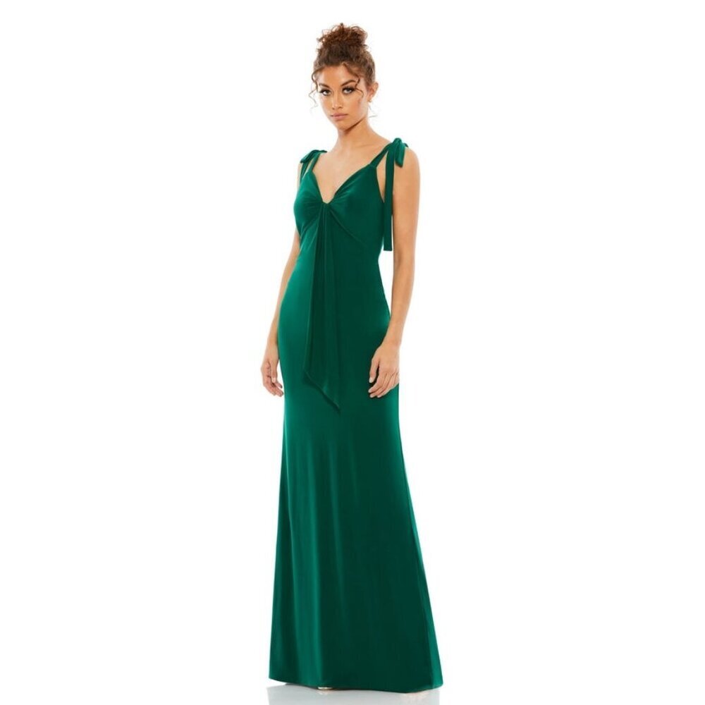 NWT Mac Duggal Jersey Low Back Bow Shoulder Gown Emerald 14 #7797
